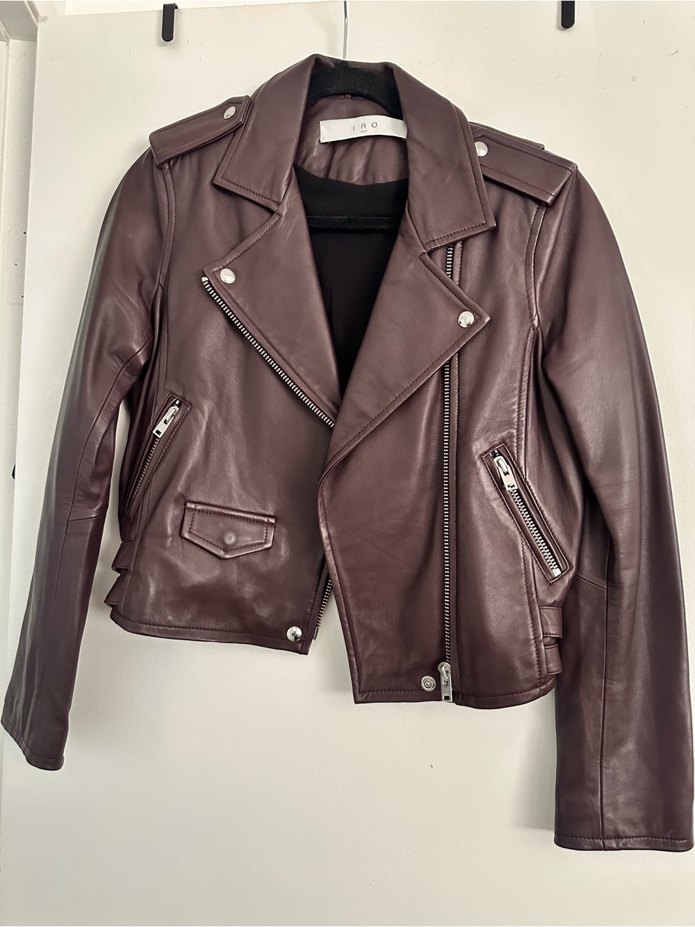 IRO Women's Maroon Leather Moto Jacket with Silver Hardware